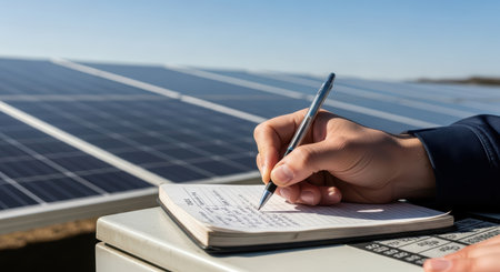 Person writing notes near solar panels on a sunny dayの素材