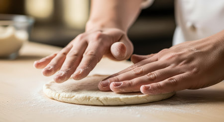 Close-up of hands kneading dough on floured wooden counterの素材