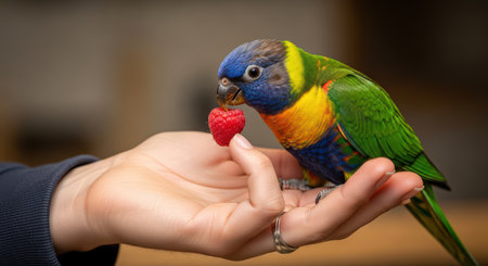 Colorful parrot eating raspberry from person's handの素材