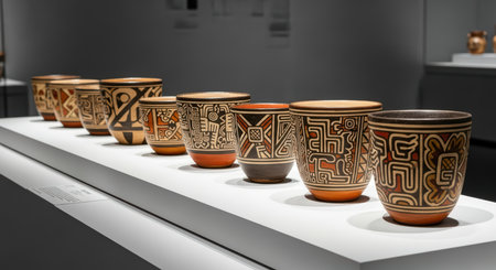 Ancient incan pottery display in museum exhibit showcasing ceramic art and cultural historyの素材