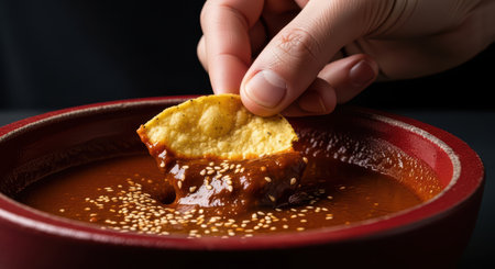 Hand dipping nacho into spicy red salsa with sesame seeds in a red bowlの素材