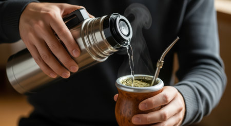 Person preparing traditional yerba mate tea with thermos and gourd at homeの素材