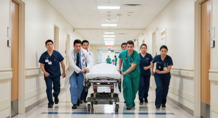Diverse medical team urgently transporting patient on gurney in hospital corridorの素材