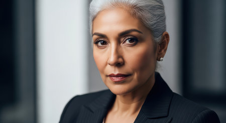 Confident mature hispanic female in professional attire with gray hair and piercing gazeの素材