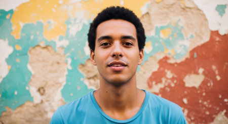 Young african male smiling against colorful weathered wall backgroundの素材