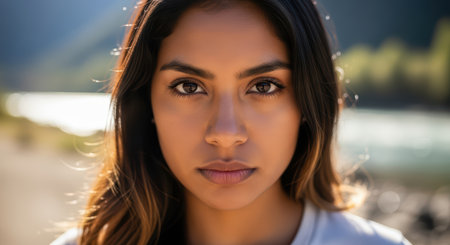 Hispanic young woman outdoors with mountain and river backgroundの素材