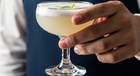 Male hand holding elegant cocktail glass with lime garnishの素材