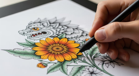 Digital art creation: hand drawing vibrant dragon and floral designの素材