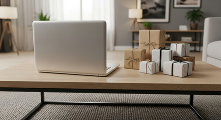 Sleek laptop on coffee table with gift boxes in modern living roomの素材