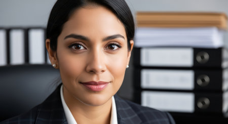 Confident hispanic female professional in office settingの素材