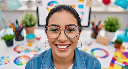 Smiling hispanic female designer in colorful creative studioの素材