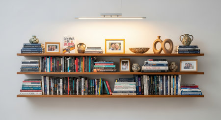 Contemporary bookshelf with assorted books and family photos on displayの素材