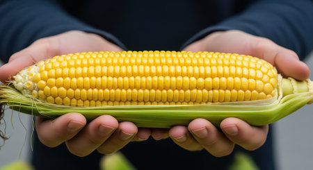 Close-up of fresh yellow corn on the cob held by personの素材