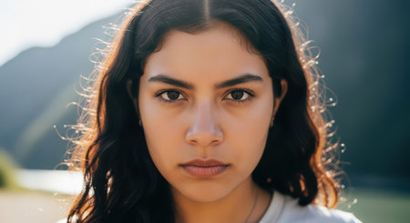 Young hispanic female with long hair in natural outdoor settingの素材