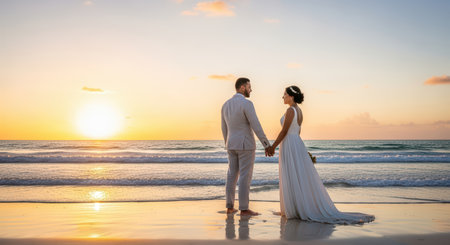 Romantic beach wedding at sunset: couple embraces love by the oceanの素材