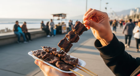 Grilled meat skewers at outdoor market by the beachの素材