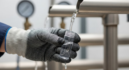 Gloved hand collecting water sample in industrial settingの素材
