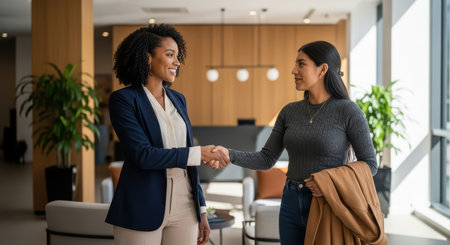 Professional meeting between african female adult and hispanic female adult in modern officeの素材
