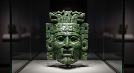 Intricate ancient mayan jade mask displayed in museum exhibitの素材