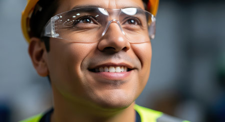 Hispanic male construction worker smiling in safety gearの素材