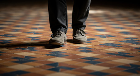 Men's feet in casual shoes on geometric tiled floor in soft lightの素材