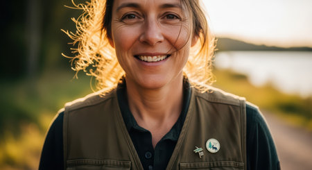 Caucasian female adult smiling in nature during golden hourの素材