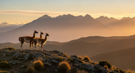 Guanacos in mountain sunrise landscapeの素材