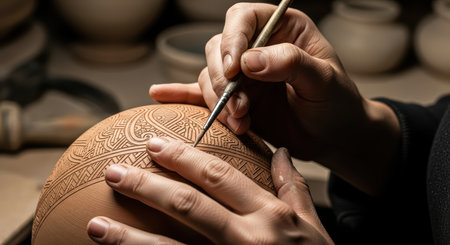 Close-up of intricate pottery carving by skilled artisan handsの素材