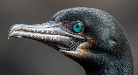 Close-up of double-crested cormorant with vibrant blue eye and intricate feather detailの素材