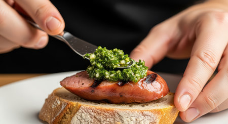Grilled sausage with fresh pesto on rustic breadの素材