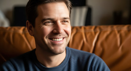 Smiling caucasian young male relaxing on brown leather sofaの素材