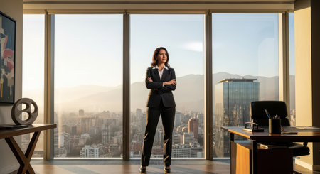 Confident hispanic female executive standing in modern office overlooking city skylineの素材