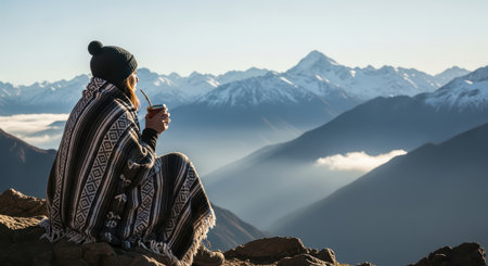 Caucasian female enjoys mountain view holding cup and wearing a blanket outdoorsの素材
