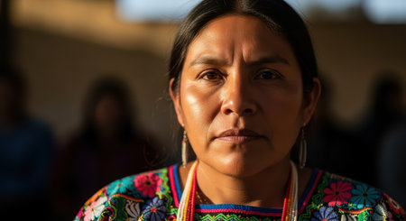 Hispanic female in colorful traditional attire with earrings in sunlightの素材