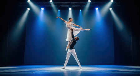 Male and female ballet dancers performing elegant routine under blue stage lightsの素材