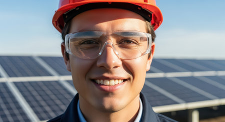 Young caucasian male engineer smiling at solar panel installation siteの素材