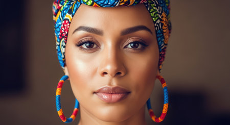 African young female with colorful headwrap and hoop earringsの素材