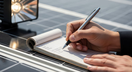 Close-up of hands writing notes on notepad over solar panel surfaceの素材