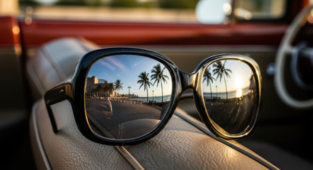 Sunglasses reflecting ocean sunset with palm trees on sandy beachの素材
