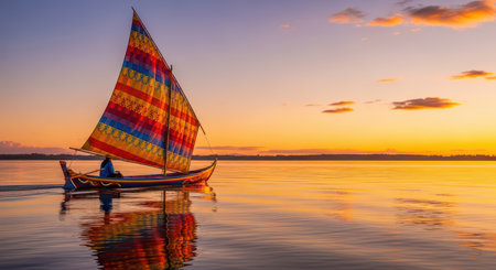 Colorful sailboat on tranquil sunset waters with vibrant sky reflectionsの素材