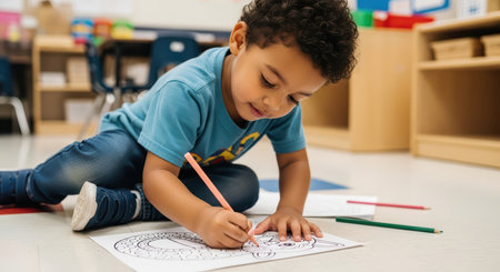 Young african child coloring in classroom with enthusiasmの素材