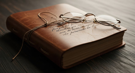 Vintage leather-bound book and glasses on wooden tableの素材