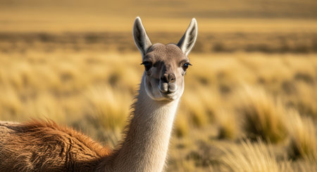 Guanaco in natural habitat with golden grasslands in backgroundの素材