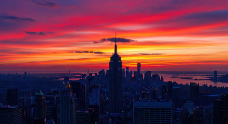 Vibrant sunset skyline over new york city with illuminated skyscrapersの素材