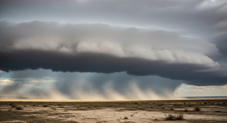 Spectacular thunderstorm over drought-stricken desert landscape with dramatic cloud formationsの素材