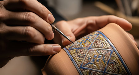 Intricate pottery painting by adult male craftsman with detailed geometric designの素材