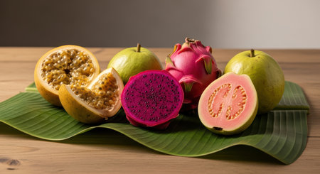 Variety of exotic tropical fruits on banana leaf displayed on wooden tableの素材