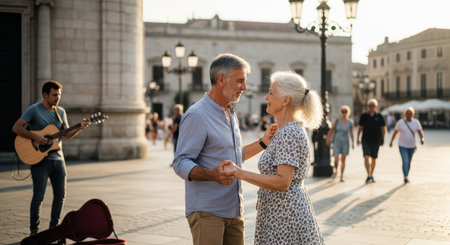 Elderly caucasian couple dancing outdoors at sunset with guitar music in the backgroundの素材