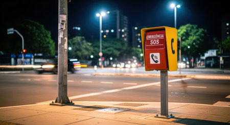 Emergency sos call box on urban street at night with distant city lightsの素材