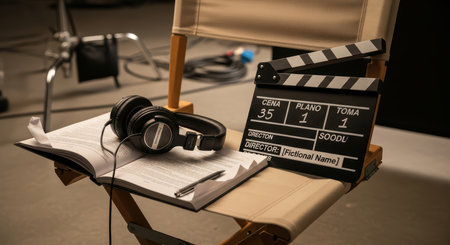 Film set with director's chair, clapperboard, headphones, and scriptの素材